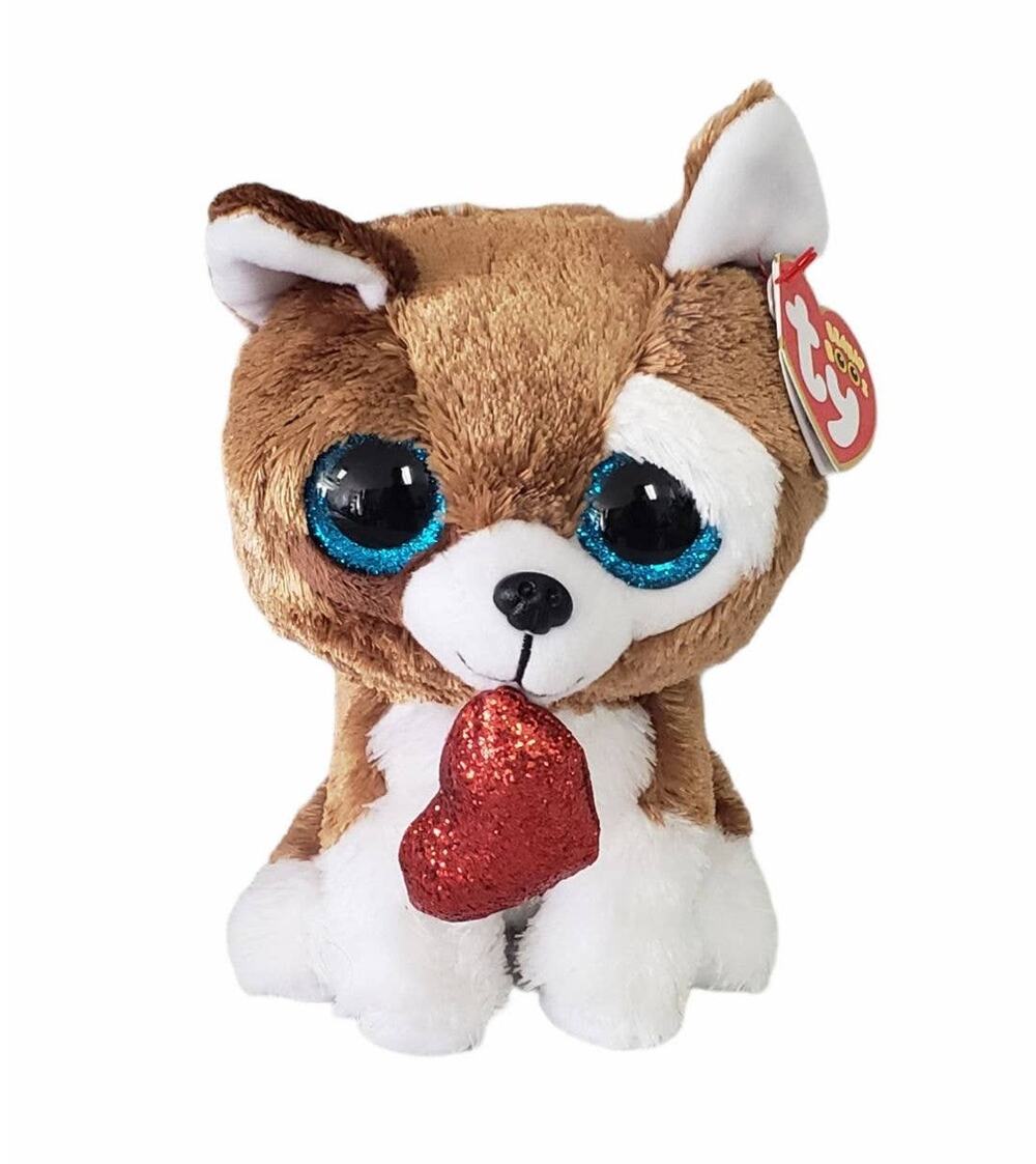 TY Beanie Boo Smootches Blue Eyed Puppy Holding Heart TY Silk